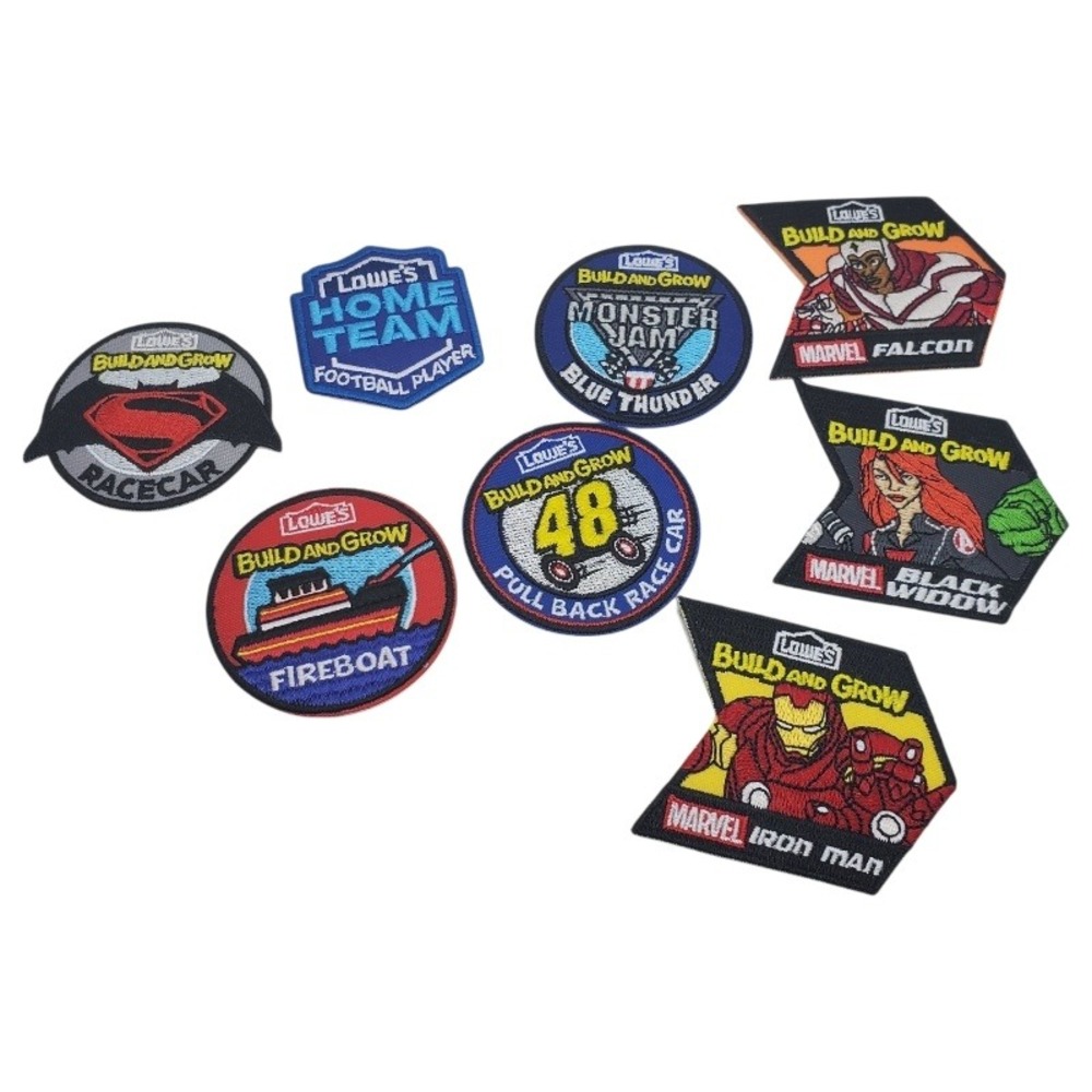 Lot of 8 Lowes Build and Grow Iron Patches Marvel Racecar Fireboat Monster Jam